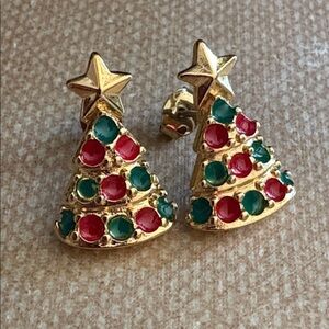 Vintage Avon Christmas Tree Earrings Red Green Enamel Gold Star Studs NIB 90s